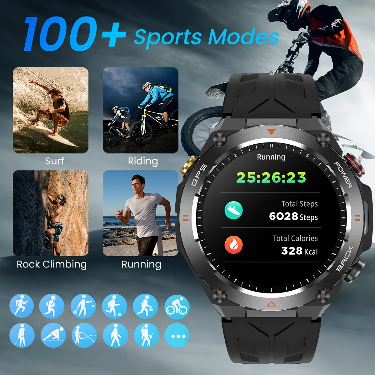 GPS Smart watch , Compass & 100+ Sports Modes – Waterproof Fitness Watch for iOS/Android