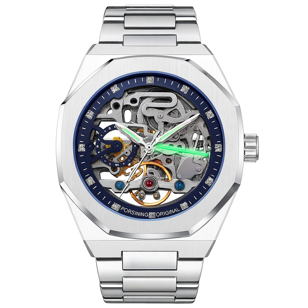 Skeleton Automatic Watch – 3D Diamond Dial, Tourbillon Design, Luminous Military Wristwatch