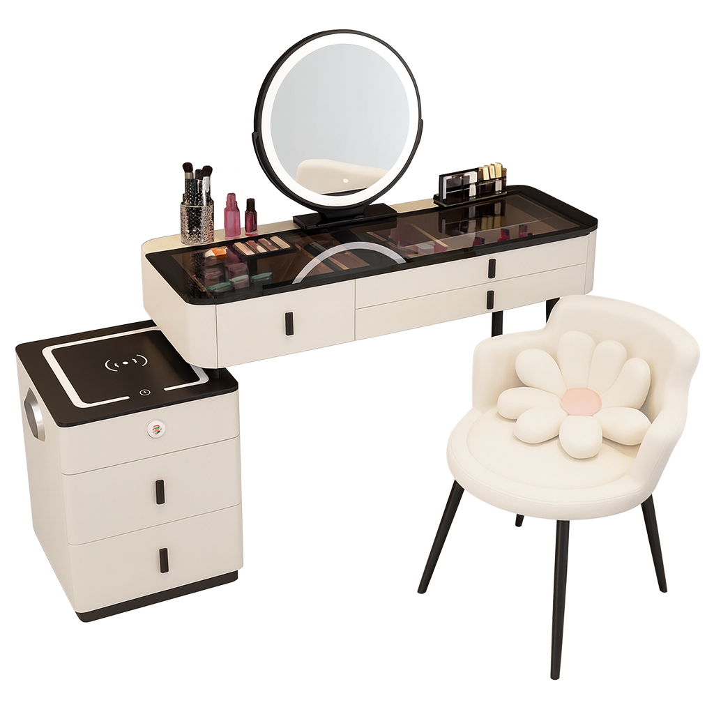 Smart Makeup Dressing Table Set with LED Mirror, Cabinet & Chair – Black/White