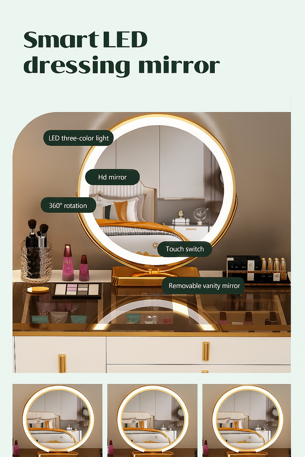 Smart Makeup Dressing Table Set with LED Mirror, Cabinet & Chair – Black/White