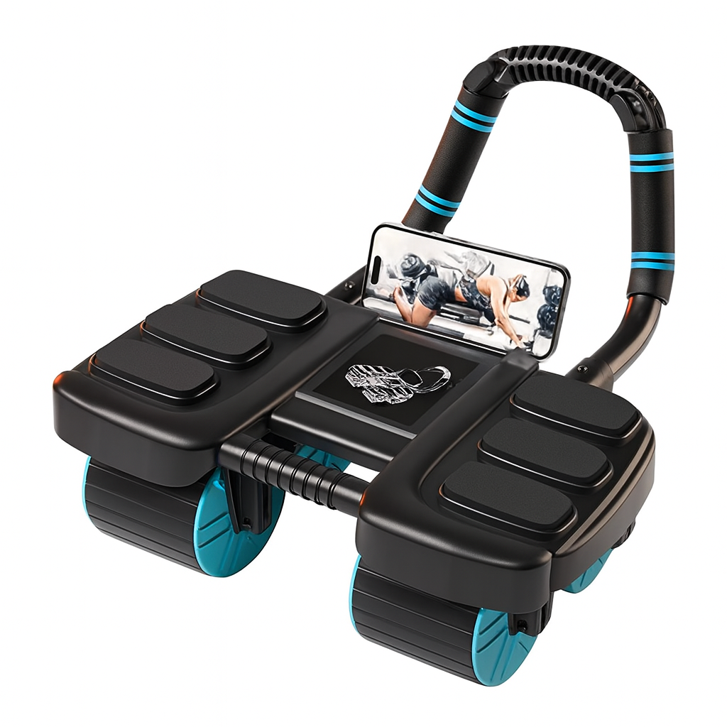 Ab Roller with Automatic Rebound  4-Wheel Core Trainer Black
