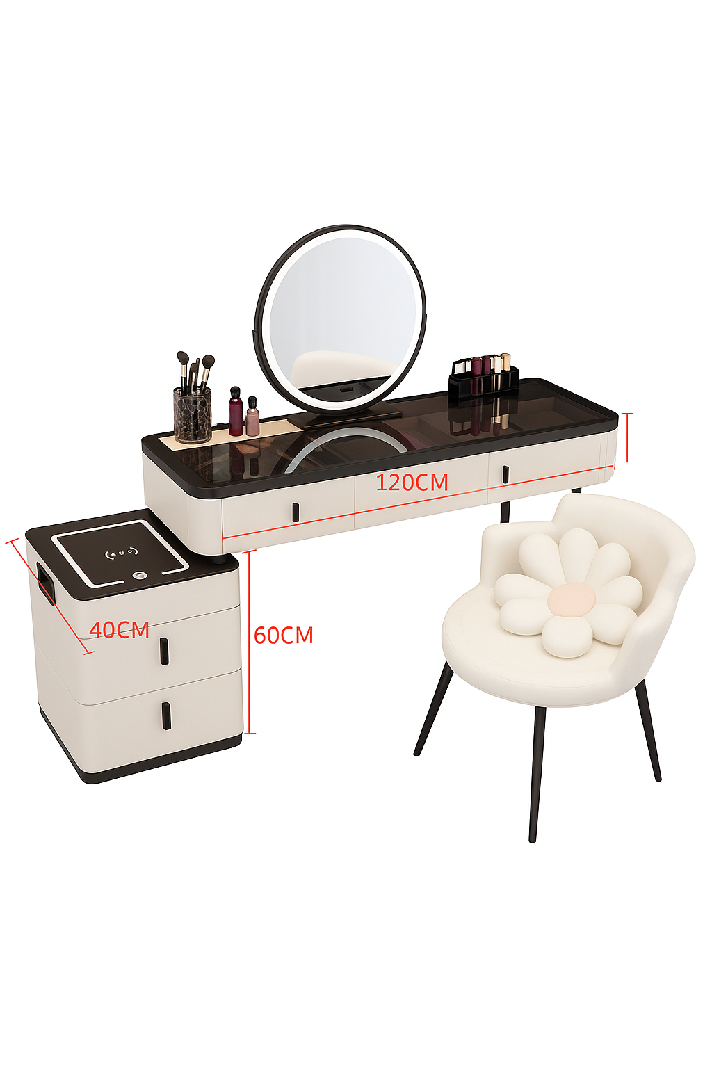 Smart Makeup Dressing Table Set with LED Mirror, Cabinet & Chair – Black/White