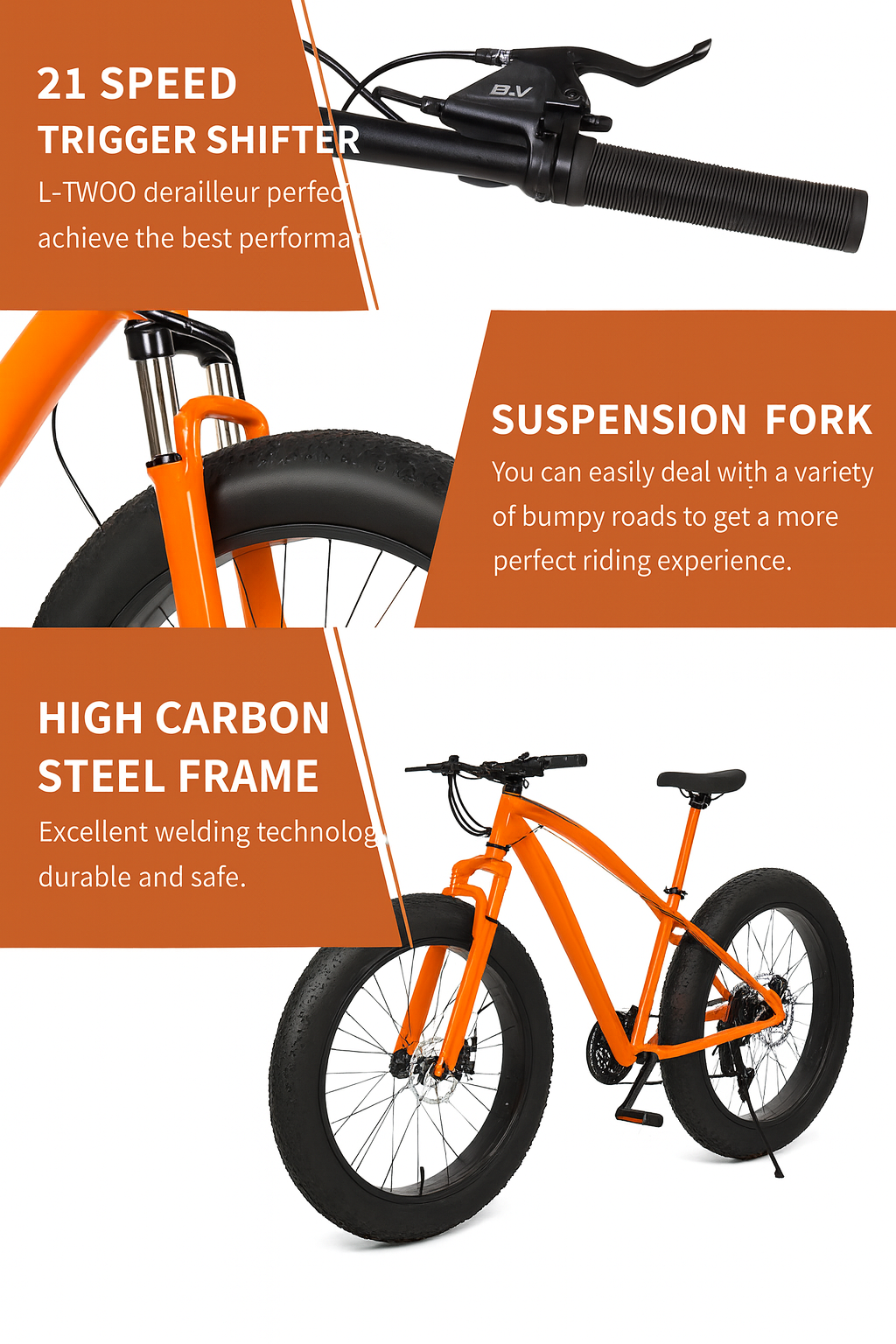 26 X Large Fat Tyre Bicyle mountain bike Full Suspension 21 speed Orange