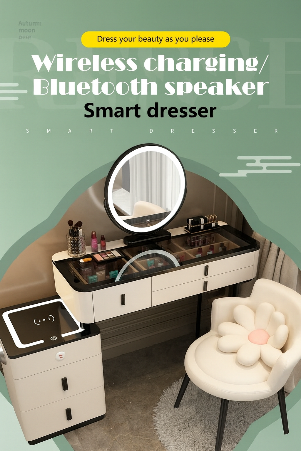 Smart Makeup Dressing Table Set with LED Mirror, Cabinet & Chair – Black/White