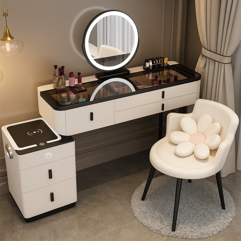 Smart Makeup Dressing Table Set with LED Mirror, Cabinet & Chair – Black/White