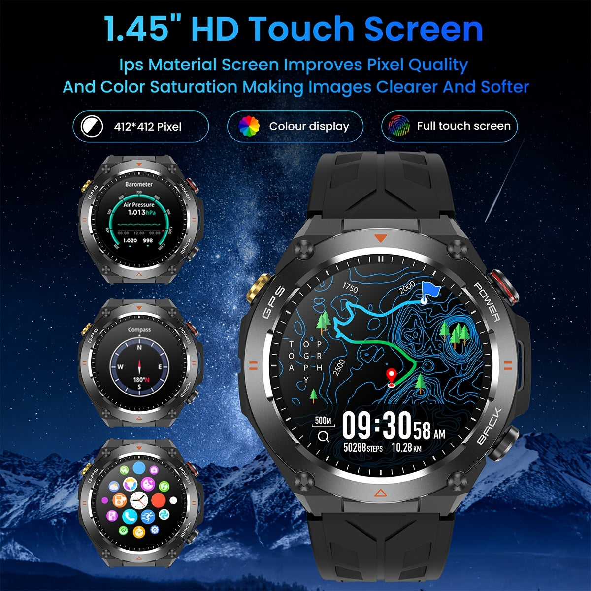 GPS Smart watch , Compass & 100+ Sports Modes – Waterproof Fitness Watch for iOS/Android