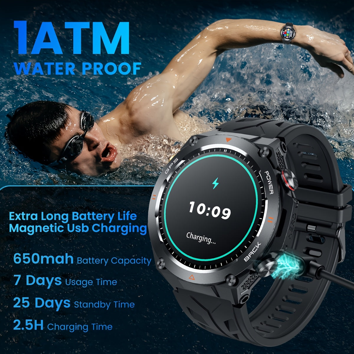 GPS Smart watch , Compass & 100+ Sports Modes – Waterproof Fitness Watch for iOS/Android