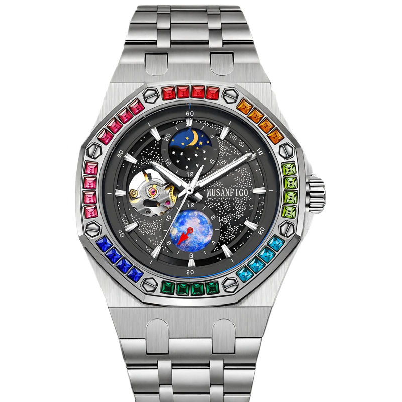 Automatic Mechanical Watch – Night Glow Dial with Sun, Moon & Star Design
