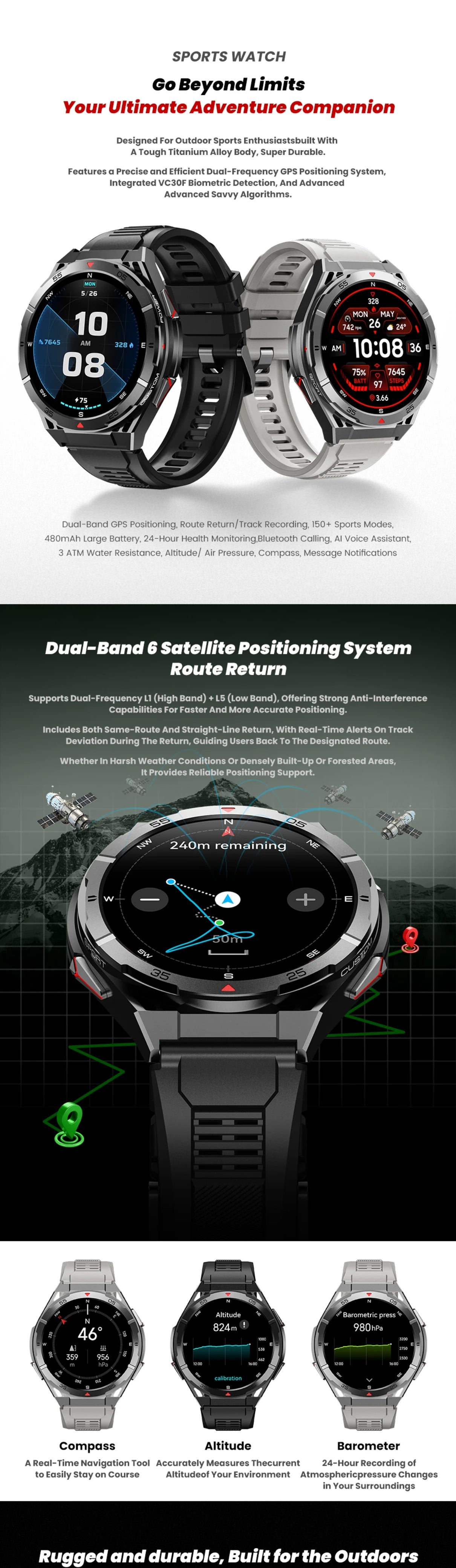 GPS Smart Watch Dual-Band AMOLED, 3ATM Waterproof for Men and Women-Silver