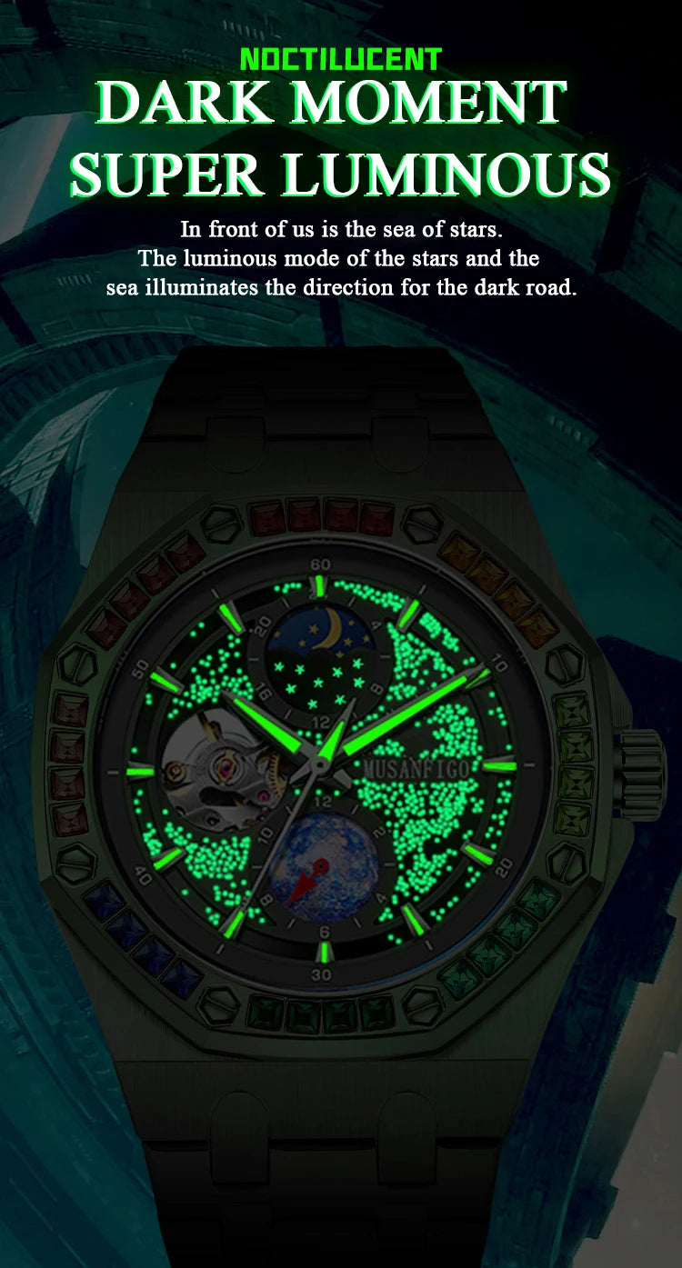 Automatic Mechanical Watch – Night Glow Dial with Sun, Moon & Star Design