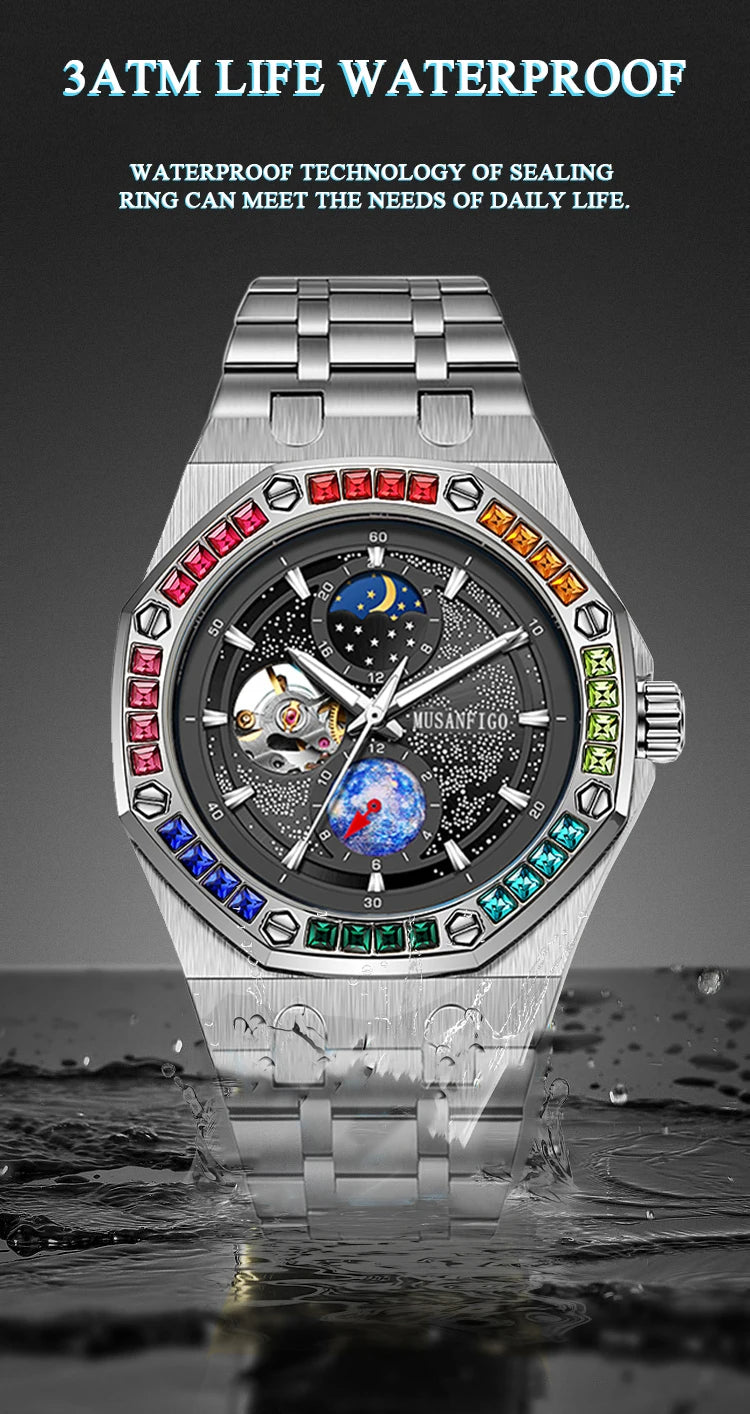 Automatic Mechanical Watch – Night Glow Dial with Sun, Moon & Star Design