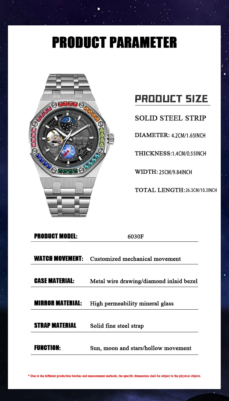 Automatic Mechanical Watch – Night Glow Dial with Sun, Moon & Star Design