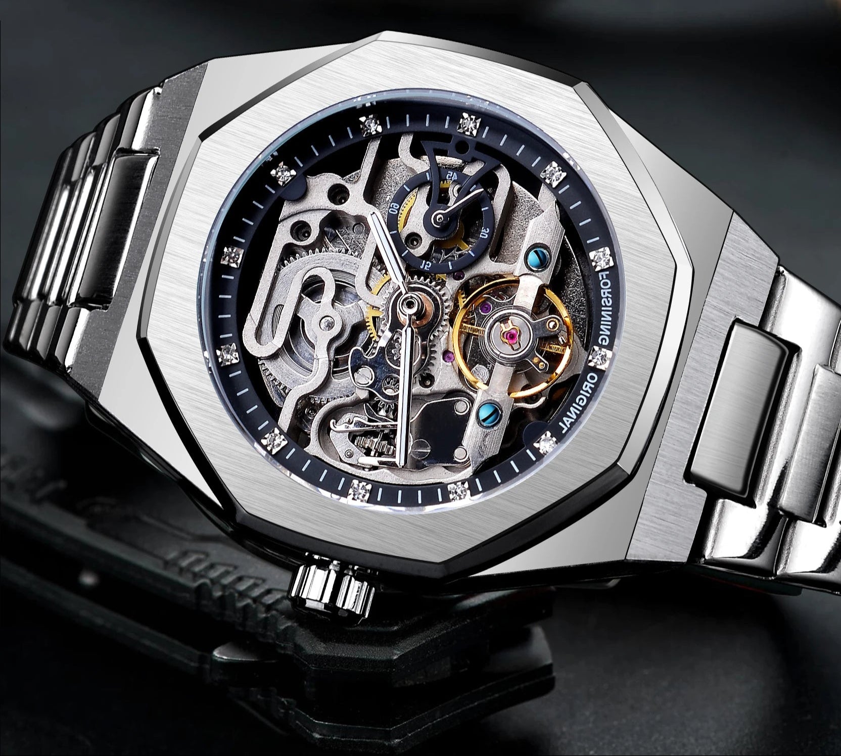 Skeleton Automatic Watch – 3D Diamond Dial, Tourbillon Design, Luminous Military Wristwatch