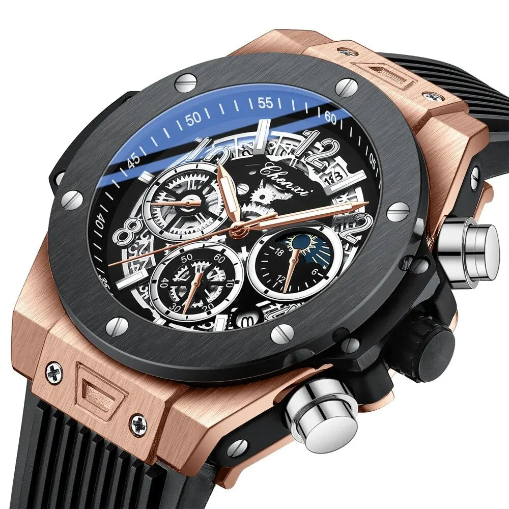 Men’s Fashion Chronograph Watch – Luminous  Sport Wristwatch with Silicone Band & Lunar Phase Display