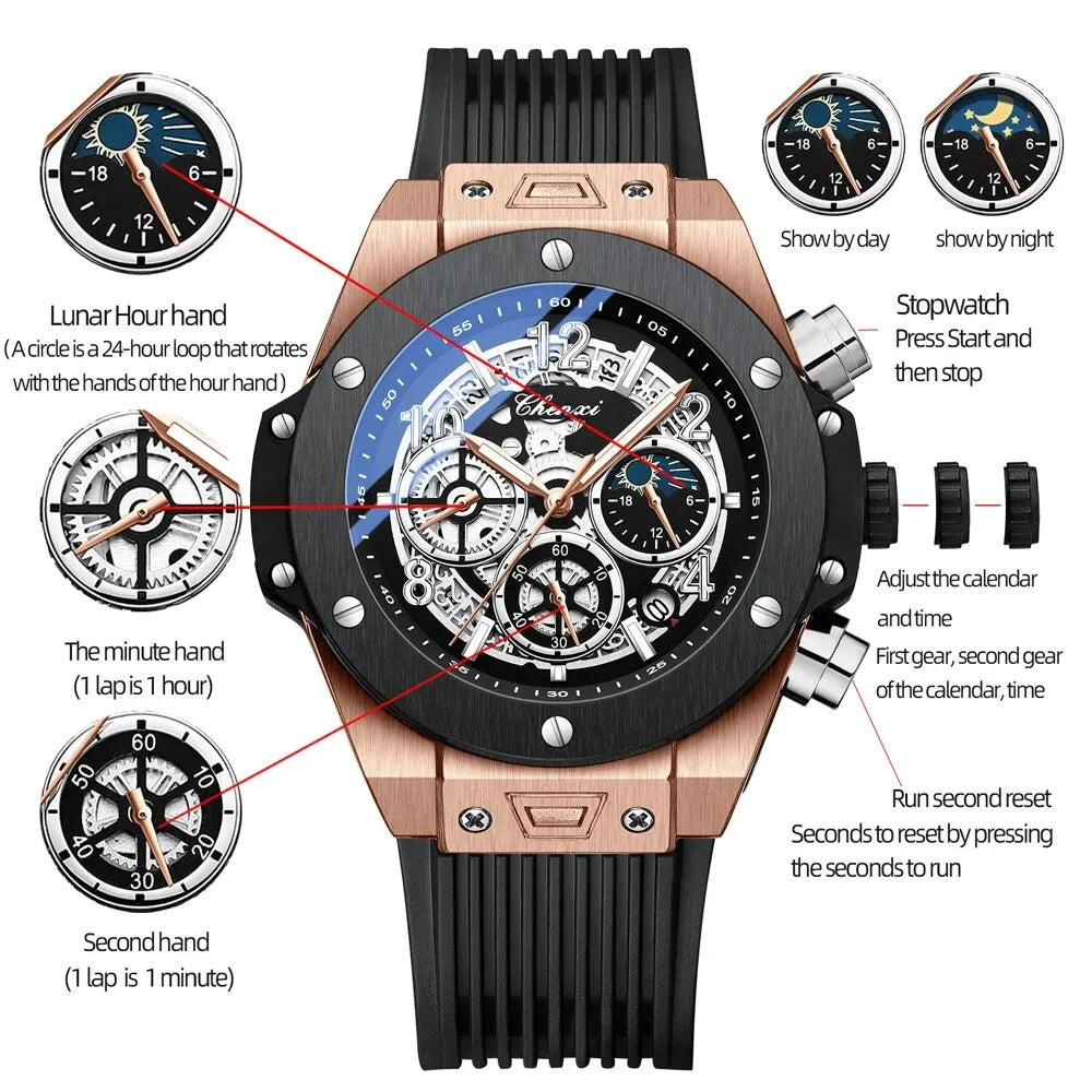 Men’s Fashion Chronograph Watch – Luminous  Sport Wristwatch with Silicone Band & Lunar Phase Display