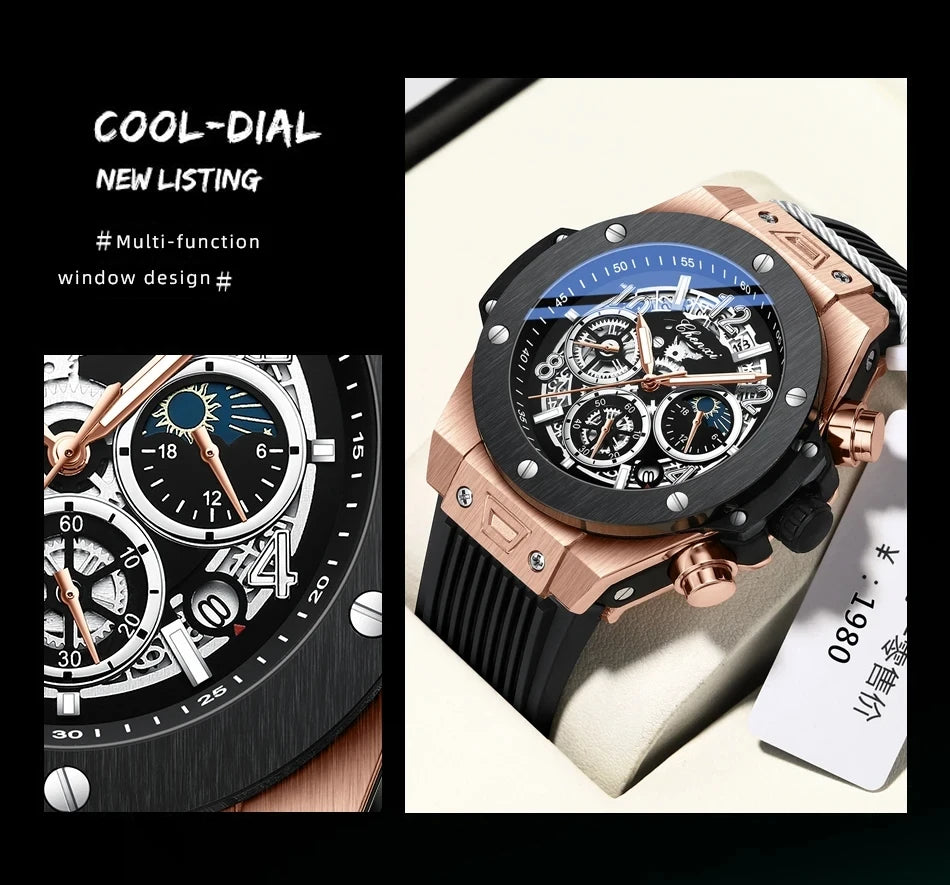 Men’s Fashion Chronograph Watch – Luminous  Sport Wristwatch with Silicone Band & Lunar Phase Display