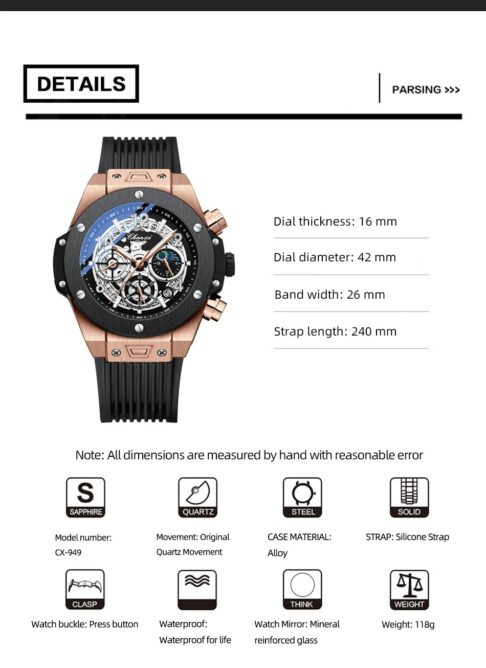 Men’s Fashion Chronograph Watch – Luminous  Sport Wristwatch with Silicone Band & Lunar Phase Display