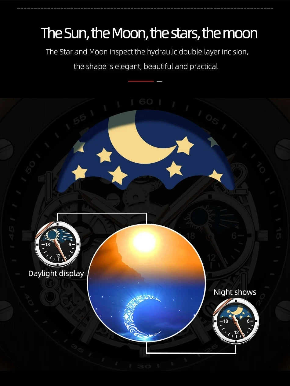 Men’s Fashion Chronograph Watch – Luminous  Sport Wristwatch with Silicone Band & Lunar Phase Display