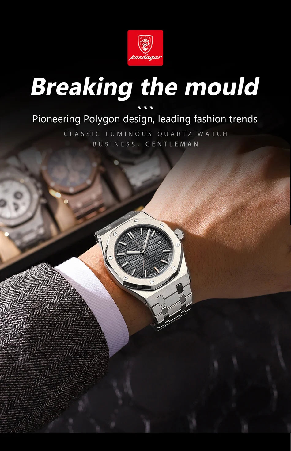 Luxury Men’s Square Quartz Watch – Waterproof Stainless Steel Wristwatch with Luminous Dial & Date Display