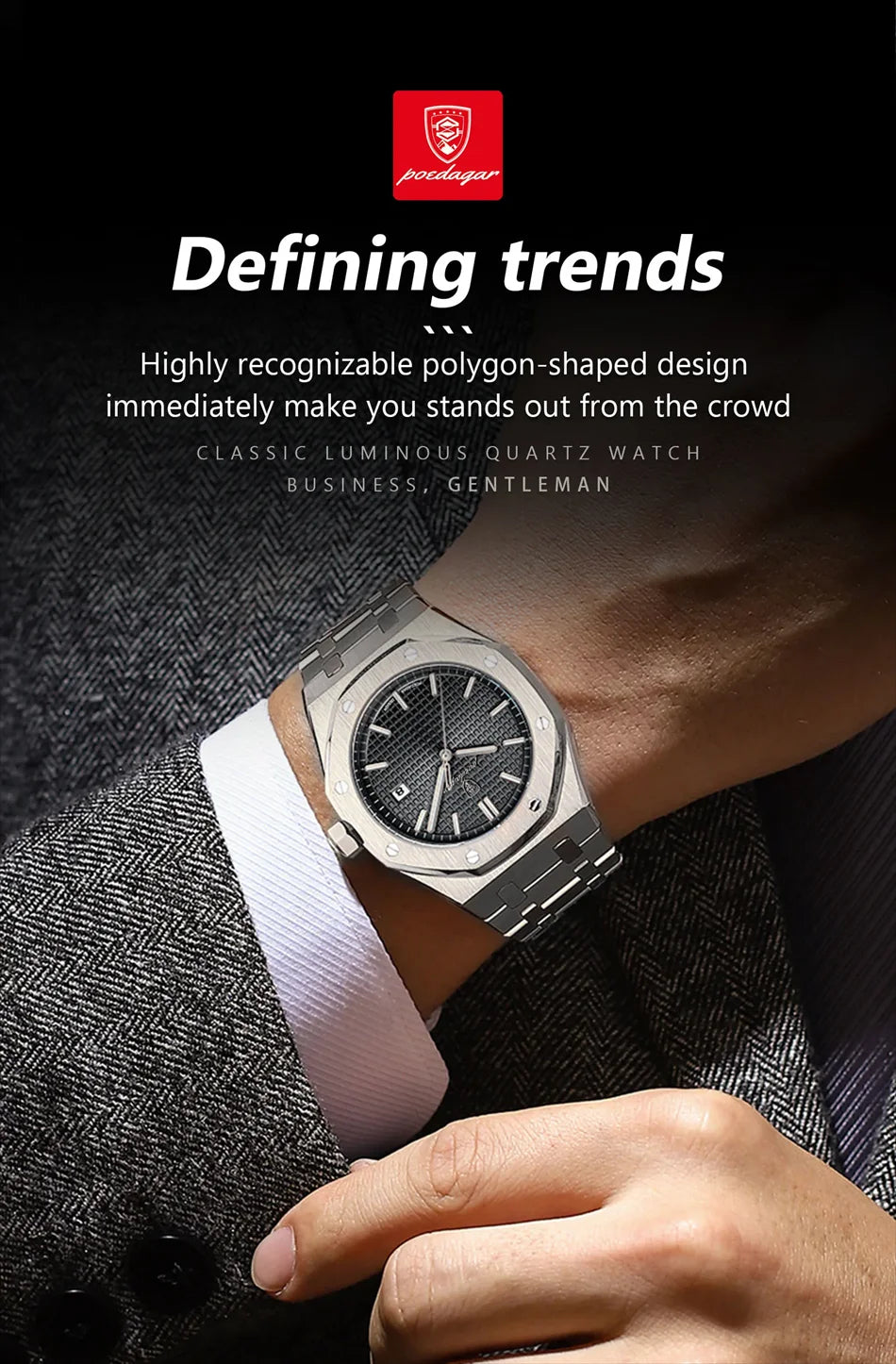 Luxury Men’s Square Quartz Watch – Waterproof Stainless Steel Wristwatch with Luminous Dial & Date Display