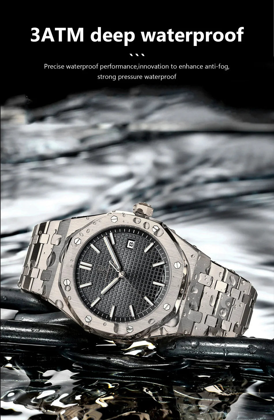 Luxury Men’s Square Quartz Watch – Waterproof Stainless Steel Wristwatch with Luminous Dial & Date Display