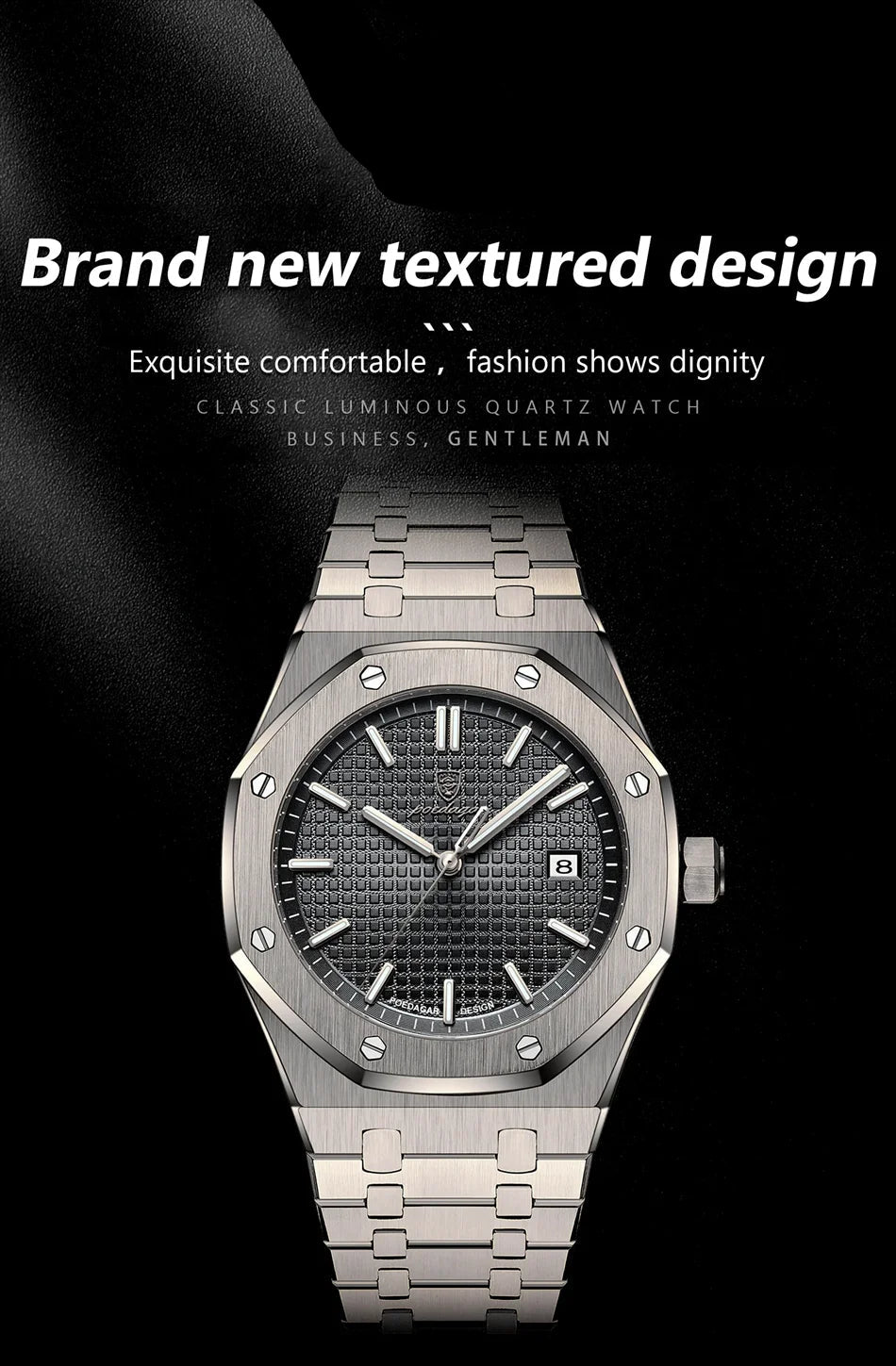 Luxury Men’s Square Quartz Watch – Waterproof Stainless Steel Wristwatch with Luminous Dial & Date Display