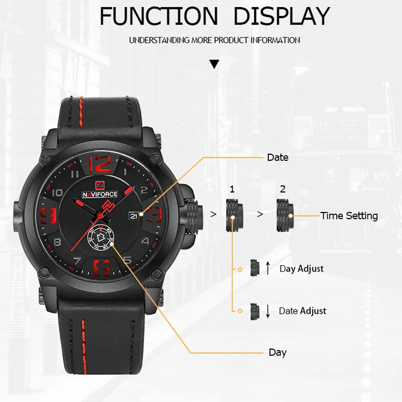 Men’s Military Sport Watch – Waterproof Analog Wristwatch with Day & Date, Leather Strap Relogio Masculino
