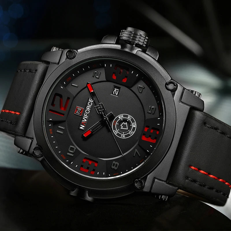 Men’s Military Sport Watch – Waterproof Analog Wristwatch with Day & Date, Leather Strap Relogio Masculino