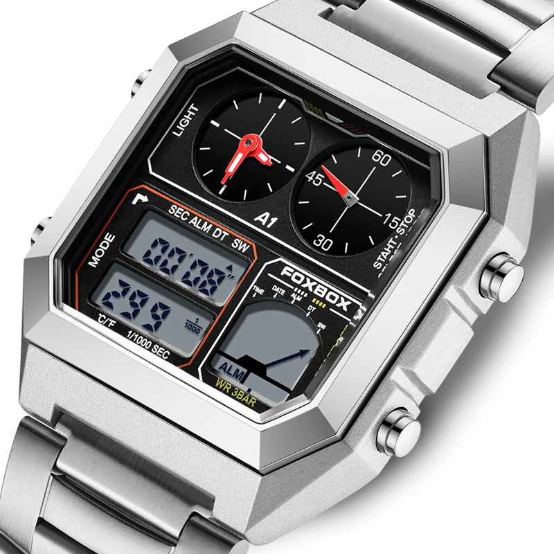 Men’s Stainless Steel Chronograph Sport Watch – Digital Display, Backlight, 3ATM Waterproof