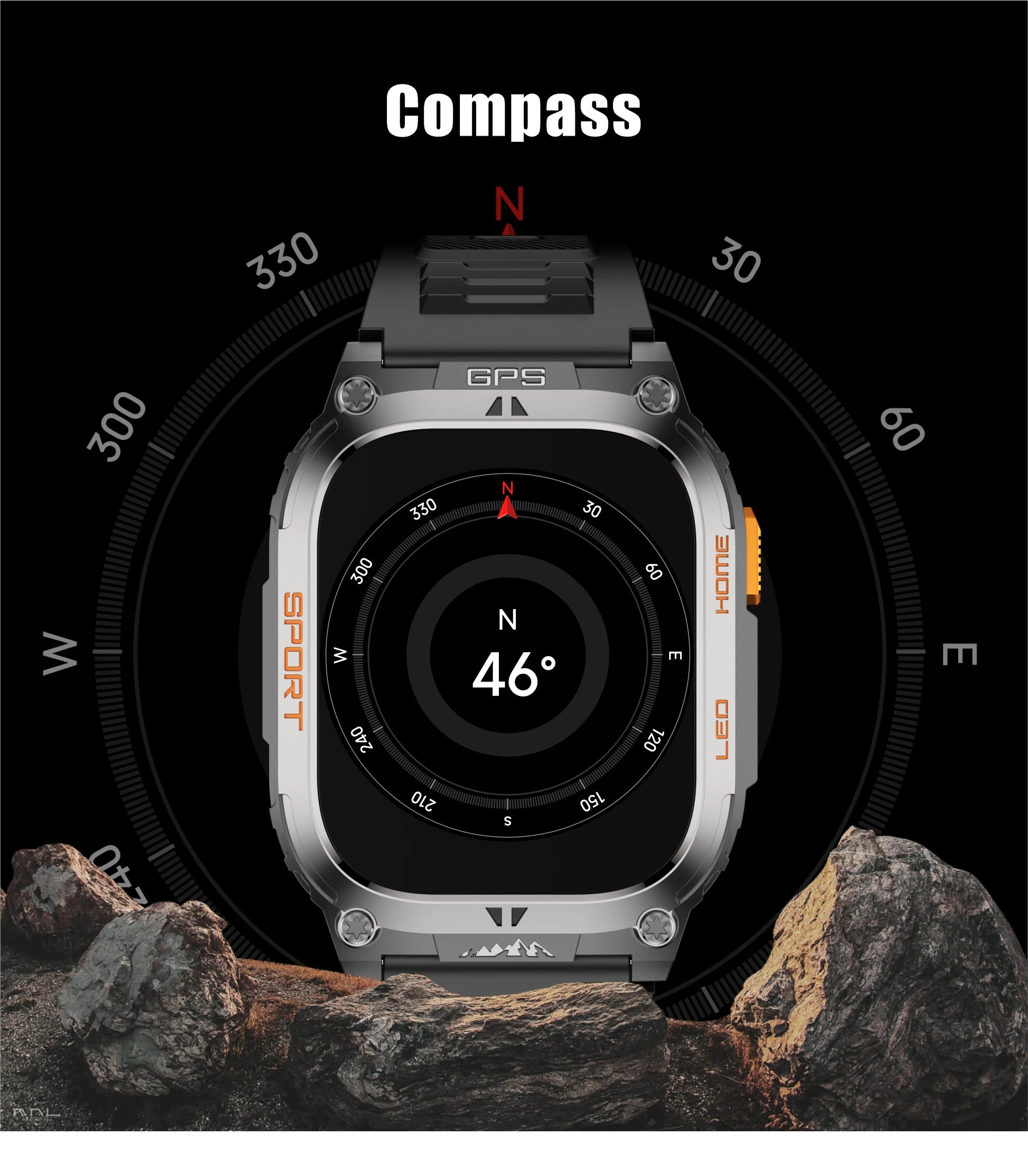 GPS Smartwatch – 1.96" HD Screen, Compass, BT Call, Waterproof