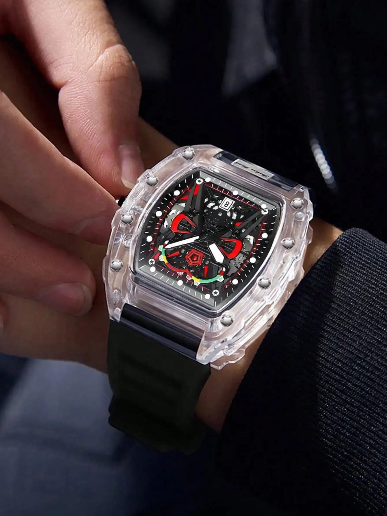 Sport Watch – Transparent Case, Luminous Display, Silicone Band, Calendar Feature-Black